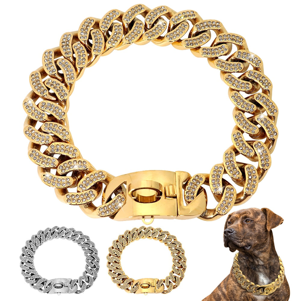 Metal Rhinestone Dog Collar Stainless Steel Chain gold or silver