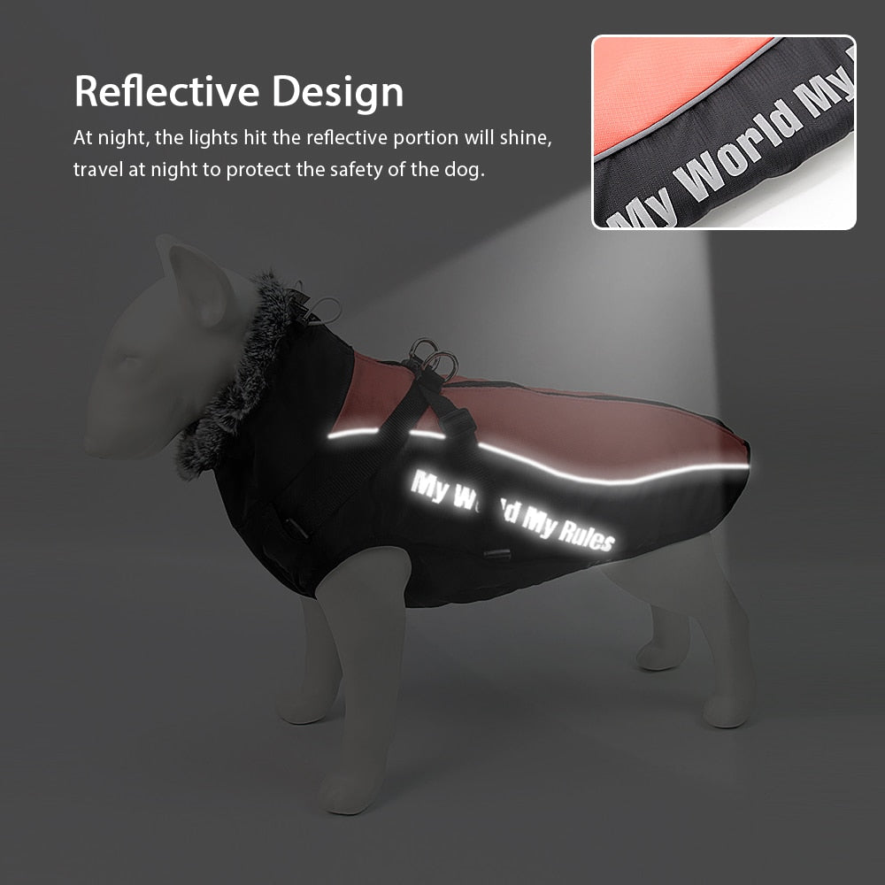 Thick Reflective Winter Dog Coat With Harness And Fur Collar