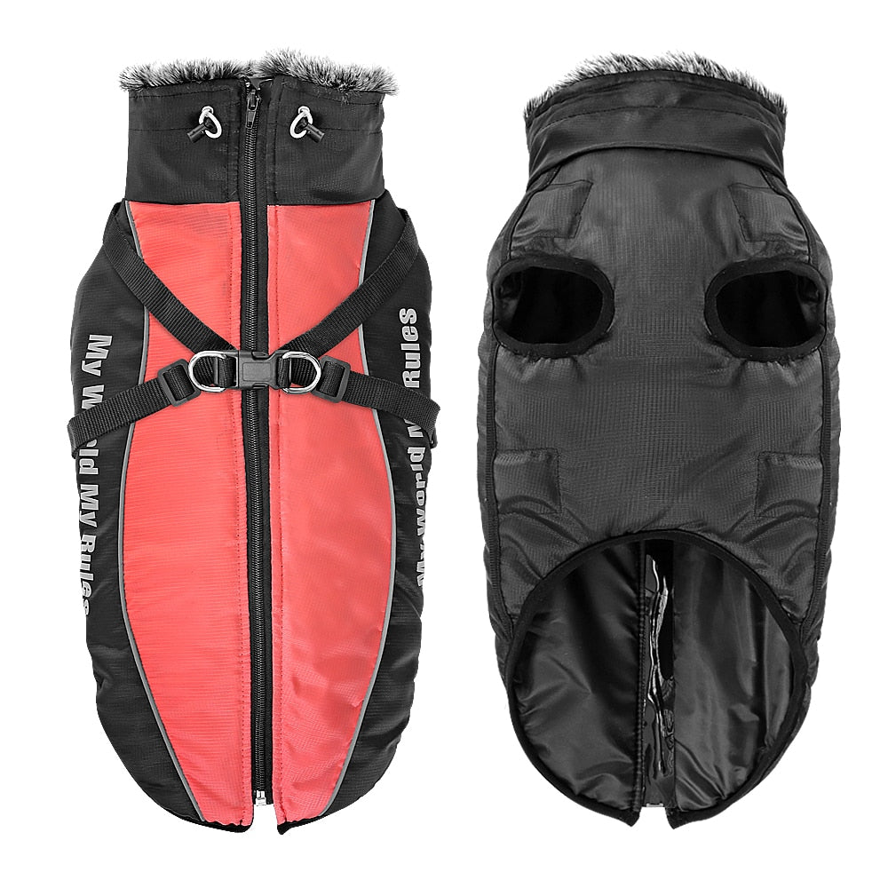 Thick Reflective Winter Dog Coat With Harness And Fur Collar