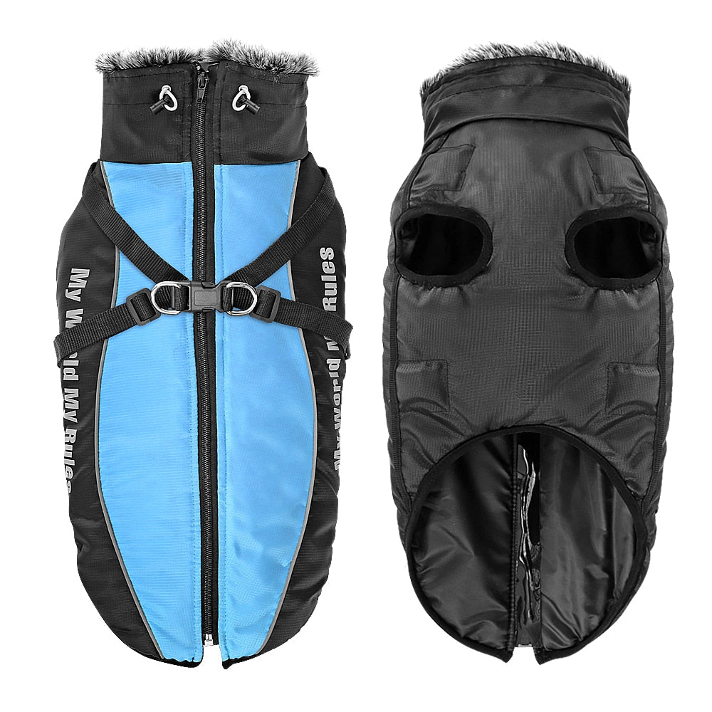 Thick Reflective Winter Dog Coat With Harness And Fur Collar