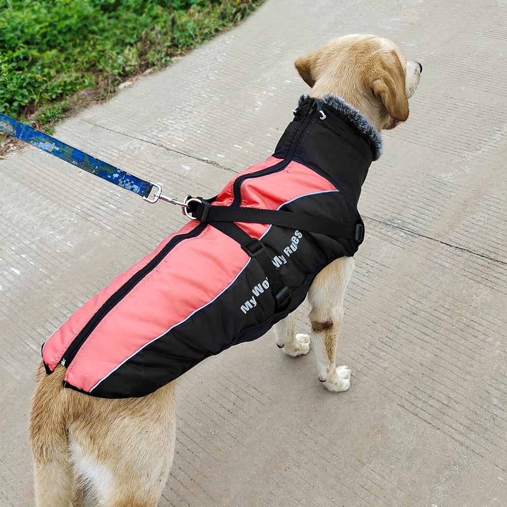 Thick Reflective Winter Dog Coat With Harness And Fur Collar