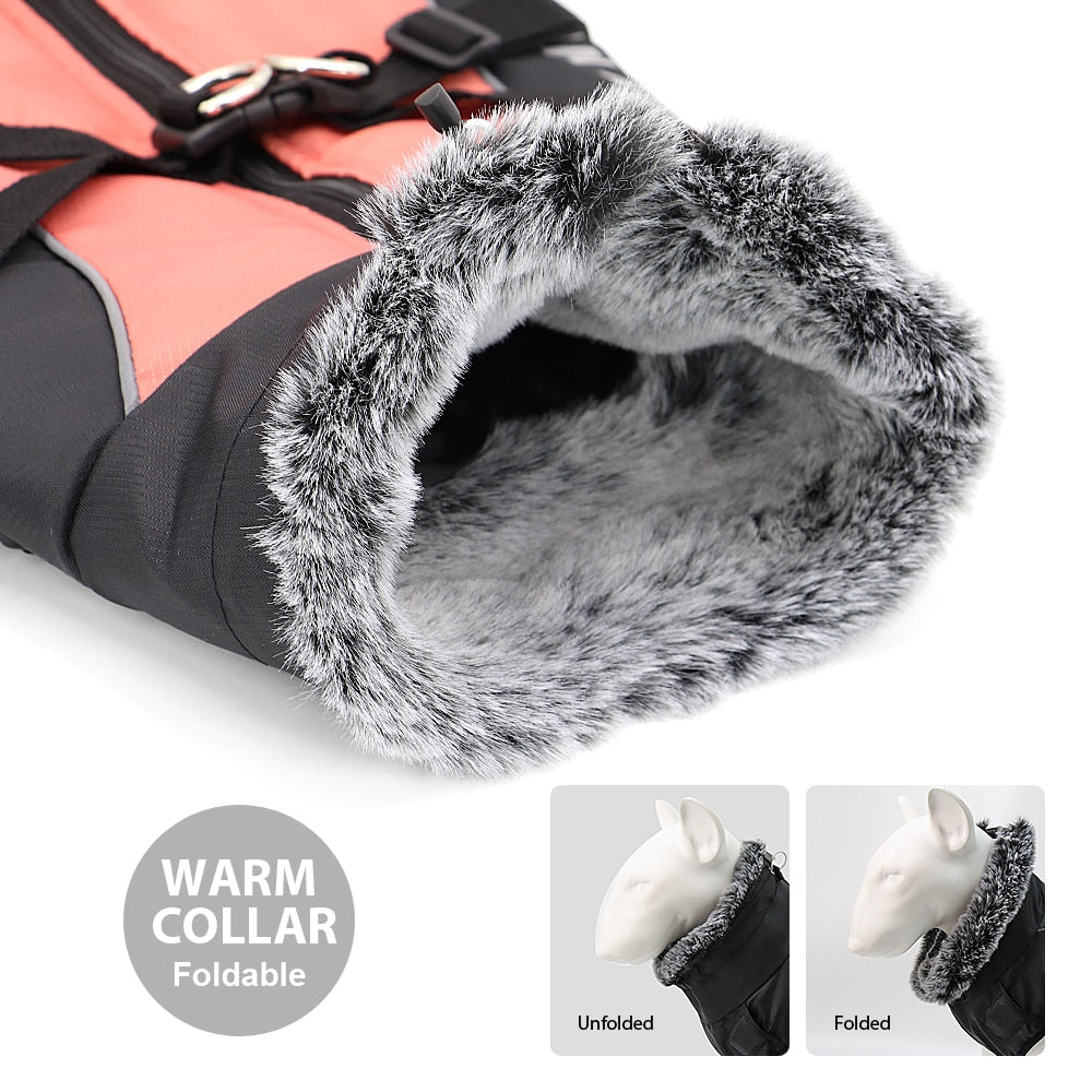 Thick Reflective Winter Dog Coat With Harness And Fur Collar