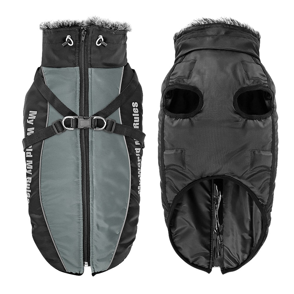 Thick Reflective Winter Dog Coat With Harness And Fur Collar