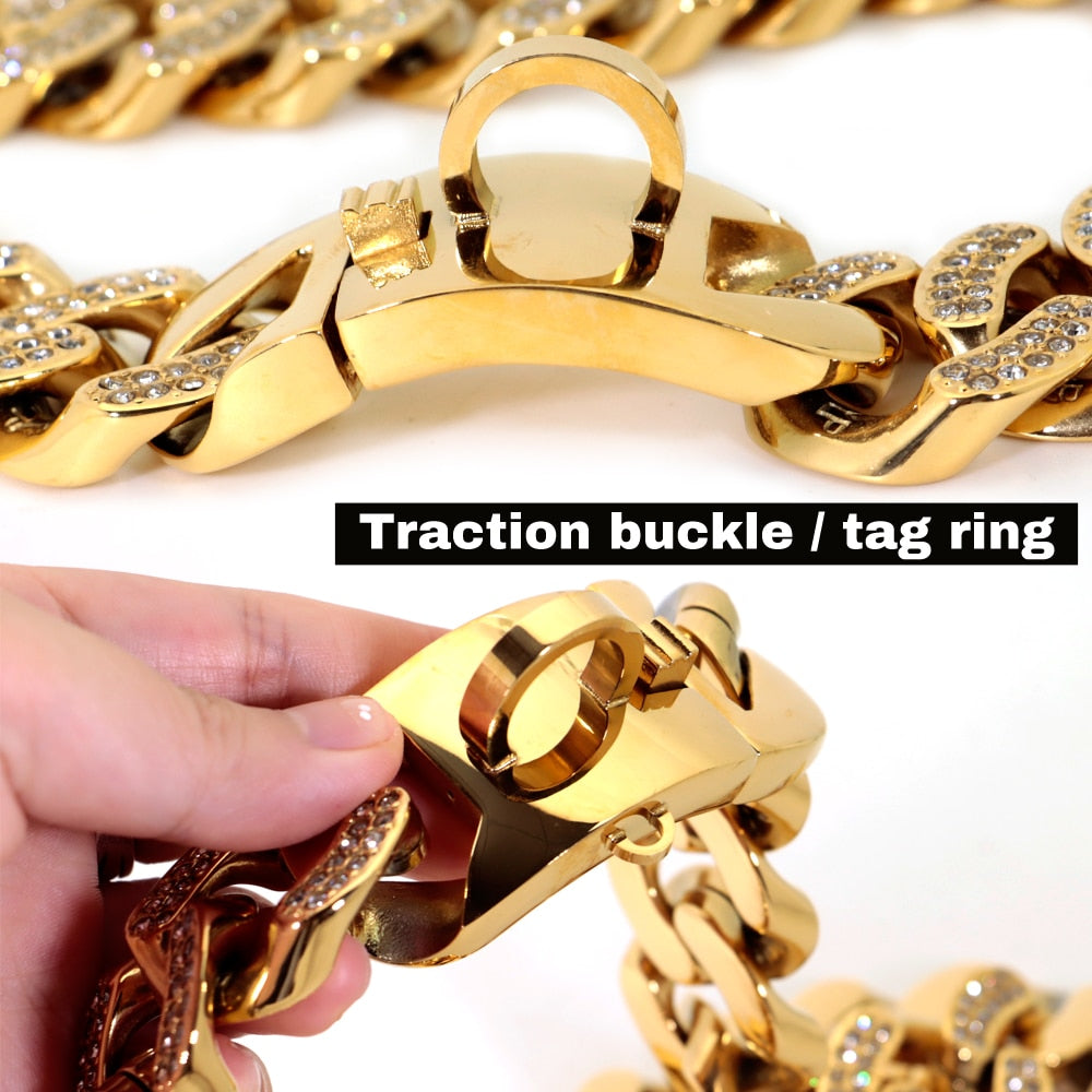 Metal Rhinestone Dog Collar Stainless Steel Chain gold or silver